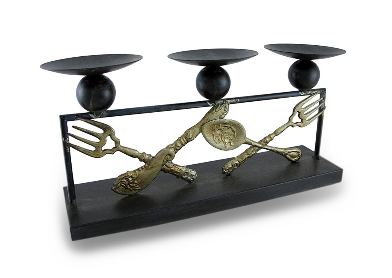 Metal Silverware Triple Candle Holder Distressed Finish 3 Pillar Display